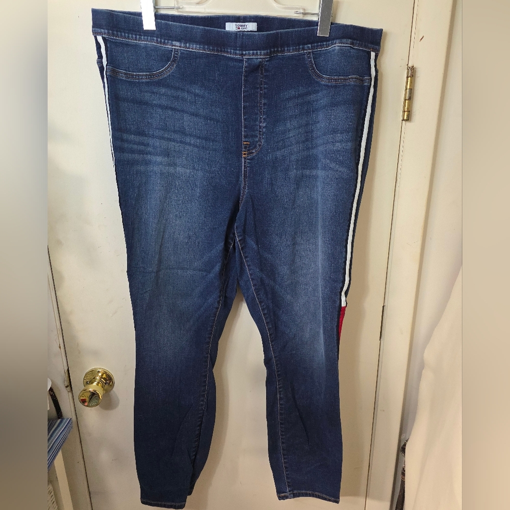 Tommy Hilfiger Pull-On Leggings Blue Denim Red White Stripe Leg Size XXL